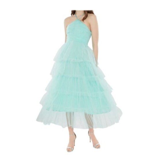 Likely Tulle Halter Midi Dress With Tiered Ruffle Layers & Ruched Womens Size 6 - Picture 3 of 9